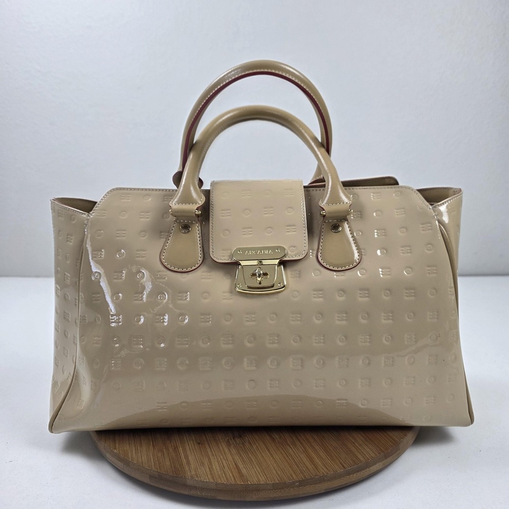 Arcadia Satchel Bag Womens Medium Beige Patent Leather Monogram Purse Italy